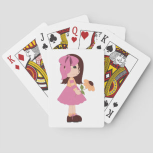 Sweet Little Girl With Flower Pink Dress Playing Cards