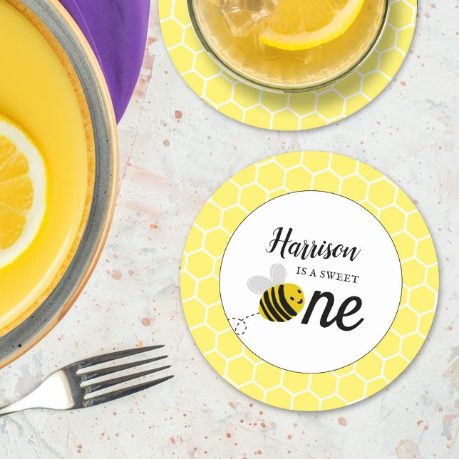 Sweet Little Honey Bee 1st Birthday Party Round Paper Coaster (Creator Uploaded)