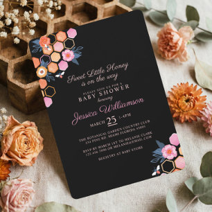 Sweet Little Honey On The Way   Black Floral Bee Invitation