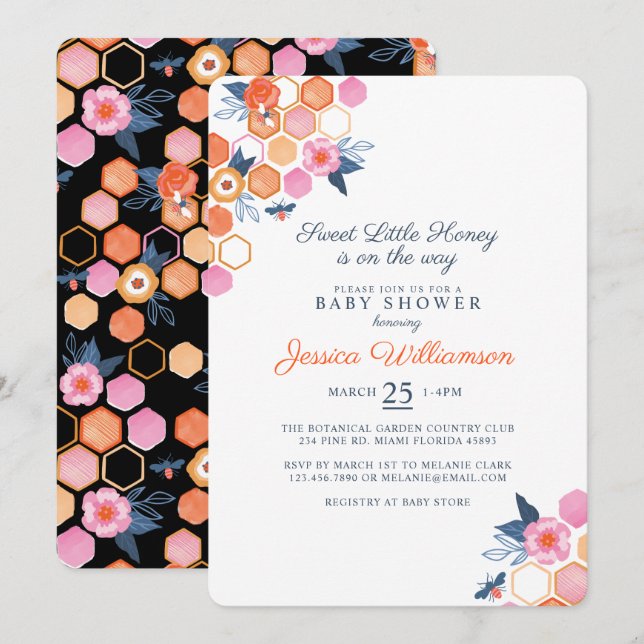 Sweet Little Honey On The Way | White Floral Bee Invitation (Front/Back)
