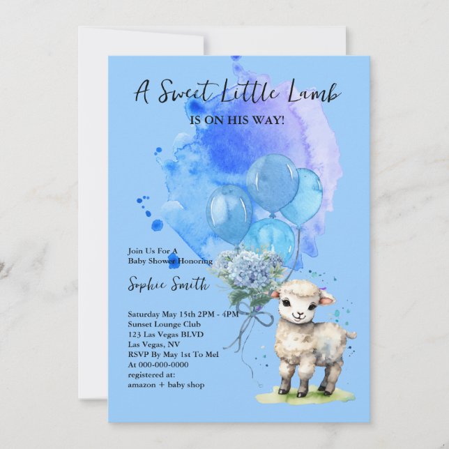 Sweet Little Lamb Baby Shower Blue Hydrangea Invitation (Front)