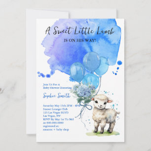 Sweet Little Lamb Baby Shower Blue Watercolor Invitation