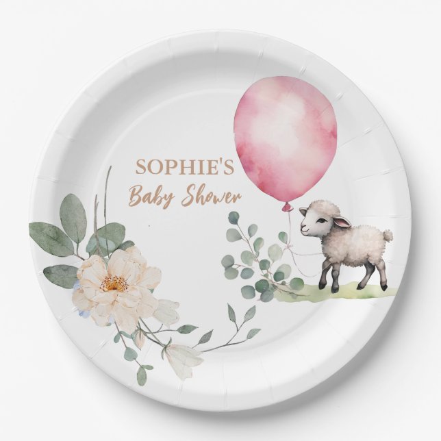 “Sweet Little Lamb” Baby Shower Pink Floral Paper Plate (Front)