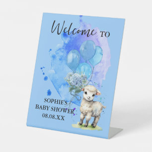 Sweet Little Lamb Blue Hydrangea & Balloon Welcome Pedestal Sign