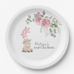 Sweet Little Lamb Girl Pink Roses Flowers Greenery Paper Plate