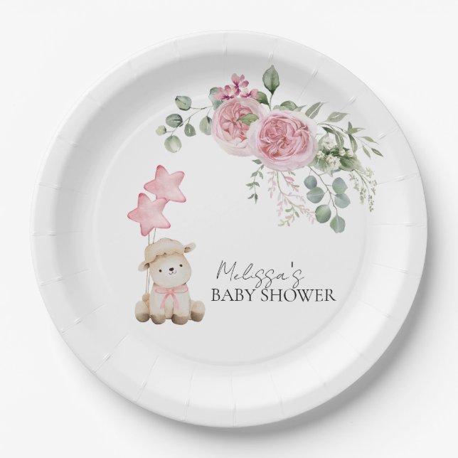 Sweet Little Lamb Girl Pink Roses Flowers Greenery Paper Plate (Front)
