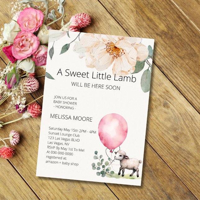 Sweet Little Lamb Pink Balloon Greenery Invitation (Creator Uploaded)