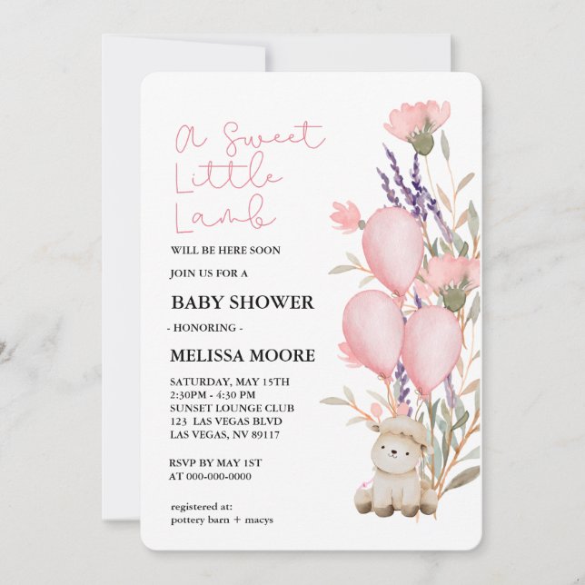 Sweet Little Lamb pink balloon wildflower Invitation (Front)