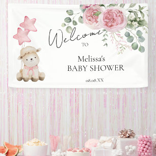 Sweet Little Lamb Pink Flower Greenery Welcome Banner