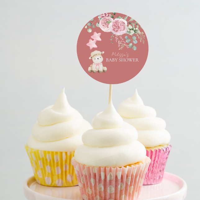 Sweet Little Lamb Pink Greenery Cupcake Toppers Classic Round Sticker (Creator Uploaded)