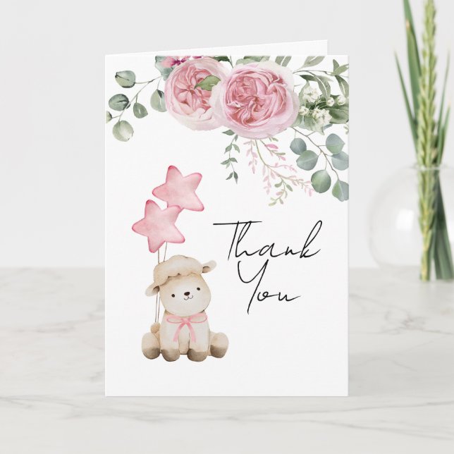 Sweet Little Lamb Pink Roses greenery photo  Thank You Card (Front)