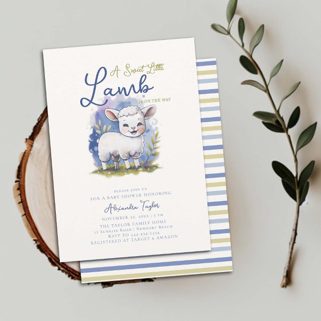Sweet Little Lamb Whimsical Blue Boy Baby Shower Invitation (little lamb boy baby shower invitation watercolor cute character adorable sweet blue green elegant)