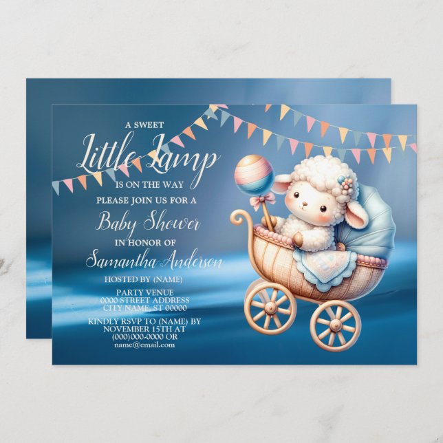 Sweet Little Lamp Baby Shower Blue Beautiful Invitation (Front/Back)