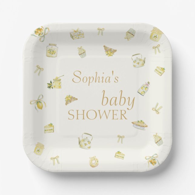 Sweet Little Lemon Watercolor Baby Shower Paper Plate (Front)