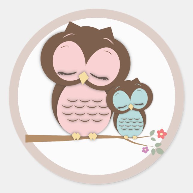 Sweet Little Mama & Baby Owl on a Branch Classic Round Sticker (Front)