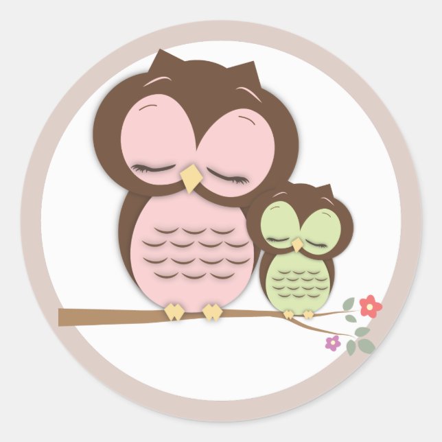 Sweet Little Mama & Baby Owl on a Branch Classic Round Sticker (Front)