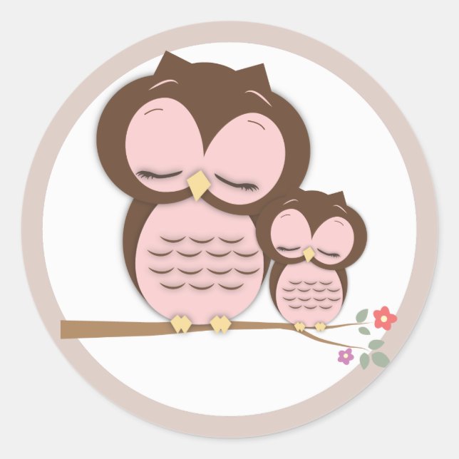 Sweet Little Mama & Baby Owl on a Branch Classic Round Sticker (Front)
