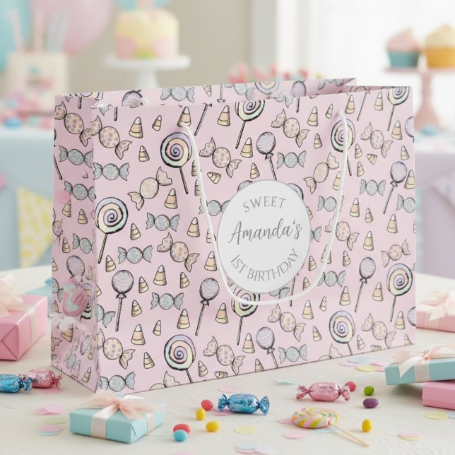 Sweet Little One Candy Theme First Birthday Favour Large Gift Bag (Candy Sweet One 1st Birthday Pastel Pink Gift Bag. Cute Lollipop & Candy Halloween Kids Gift Wrap)