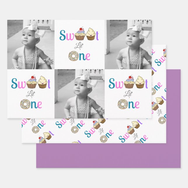Sweet Little One Cupcake and Doughnut First Birthd Wrapping Paper Sheet (Set)