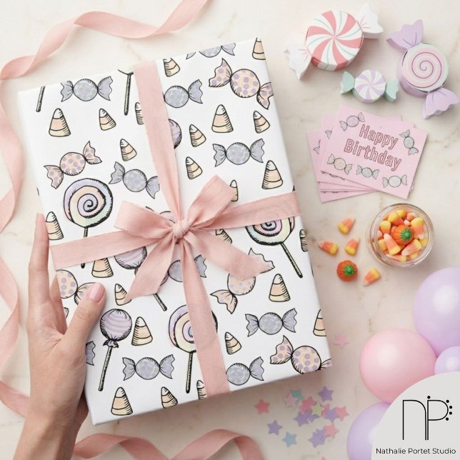 Sweet Little One Wrapping Paper (Hand-drawn ink lollipop candy corn pastel wrapping paper for baby shower birthday gift custom wrap)