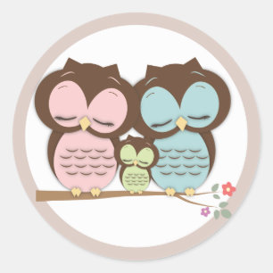 Sweet Little Owl Family on a Branch Classic Round Sticker
