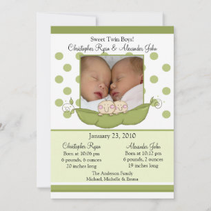 Sweet Little Pea Twin Boys Photo Announcement Card