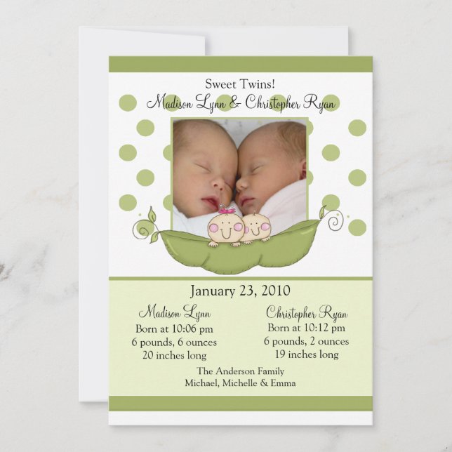 Sweet Little Pea Twins Photo Announcement Card (Front)