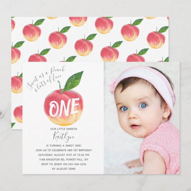 Sweet Little Peach 1st Birthday Photo Invitation (Front/Back)