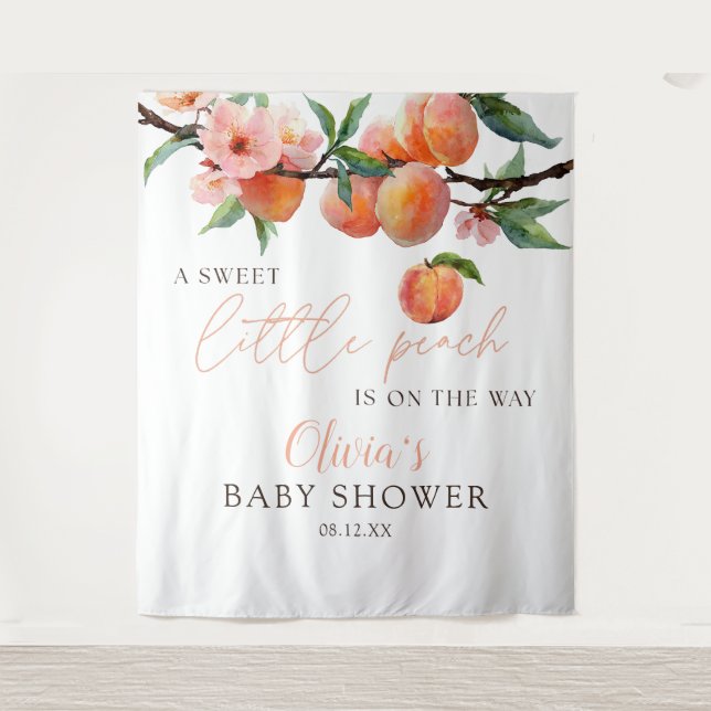 Sweet Little Peach Baby Shower Photo Backdrop Tapestry (Front)