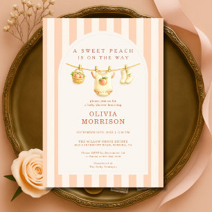Sweet Little Peach Clothesline Stripes Baby Shower Invitation