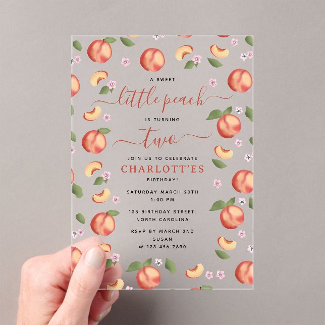 Sweet Little Peach Kids Birthday Party Acrylic Invitations (Insitu (Handheld))