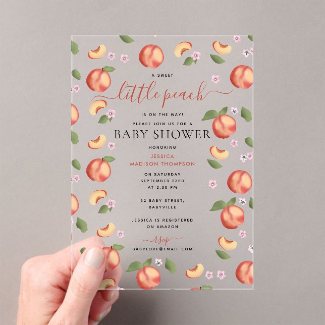 Sweet Little Peach On The Way Baby Shower Acrylic Invitations (Insitu (Handheld))