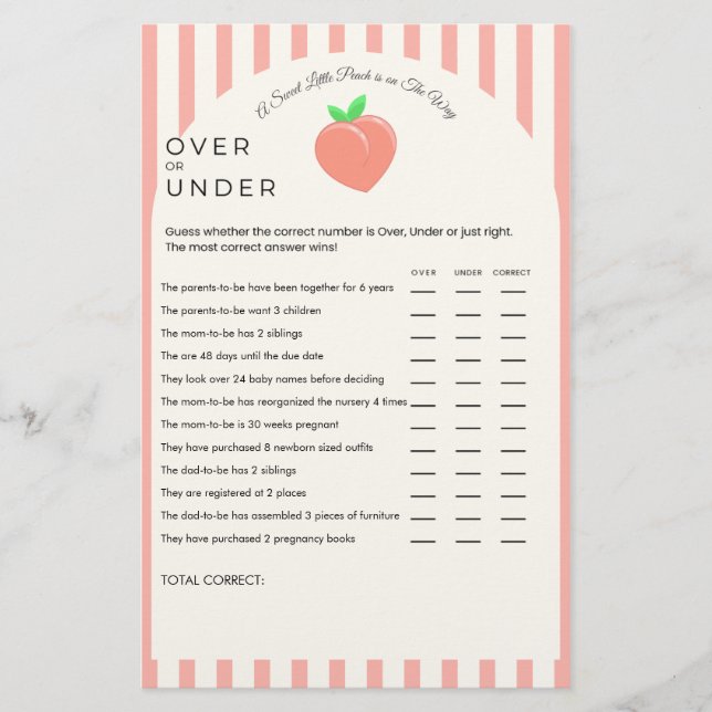 Sweet Little Peach Over or Under Baby Shower Game (Front)