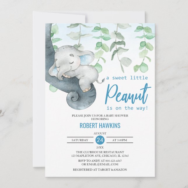 Sweet Little Peanut Boy Elephant Baby Shower Invitation (Front)
