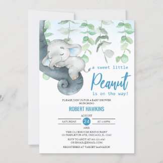 Sweet Little Peanut Boy Elephant Baby Shower Invitation