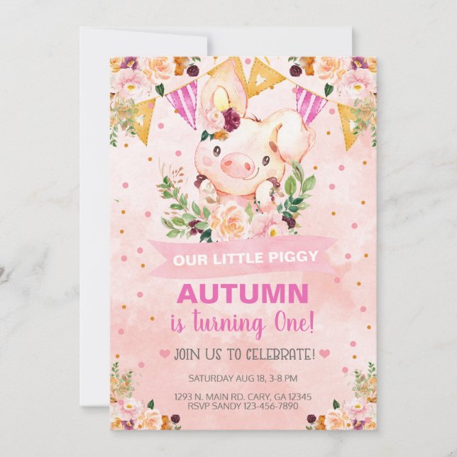 Sweet Little Piggy Pig Girl Birthday Invite. Invit Invitation (Front)