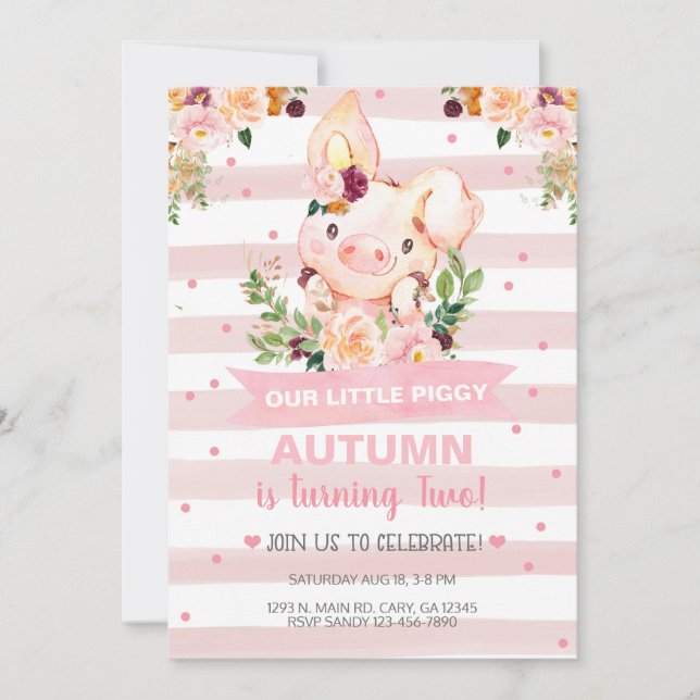 Sweet Little Piggy Pig Girl Birthday Invite. Invitation (Front)