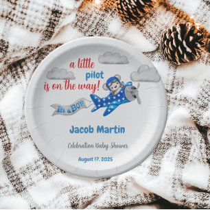 Sweet Little Pilot Clouds Sky Theme Baby Shower Paper Plate