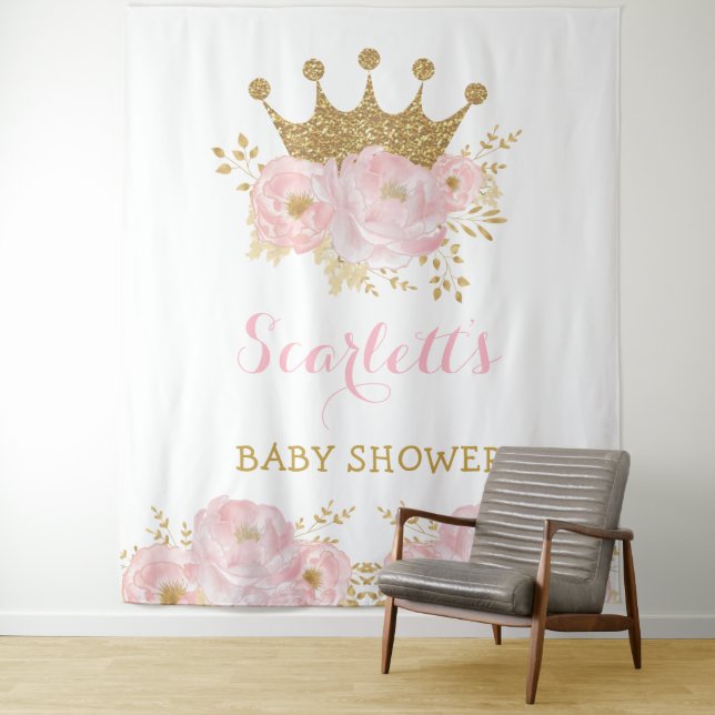 Sweet Little Princess Blush Floral Gold Crown Baby Tapestry (In Situ)