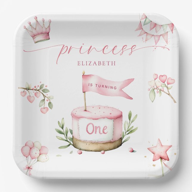 Sweet Little Princess Pink Cake 1st Birthday Paper Plate (Front)