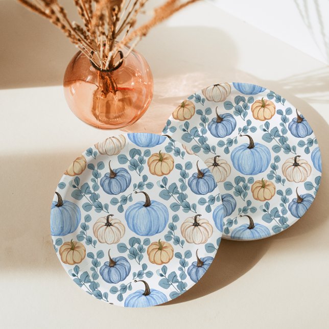 Sweet Little Pumpkin Blue Autumn Baby Shower Paper Plate (Creator Uploaded)