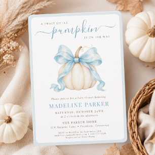 Sweet Little Pumpkin Blue Bow Baby Boy Shower Invitation