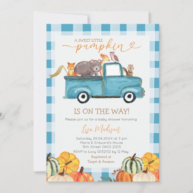 Sweet Little Pumpkin Blue Gingham Fall Baby Shower Invitation (Front)