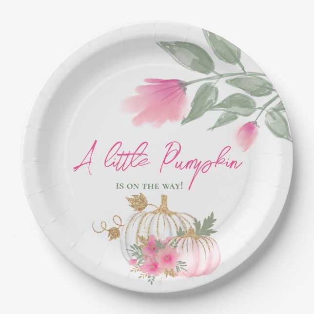 Sweet Little Pumpkin Blush Pink Gold White Floral Paper Plate (Front)