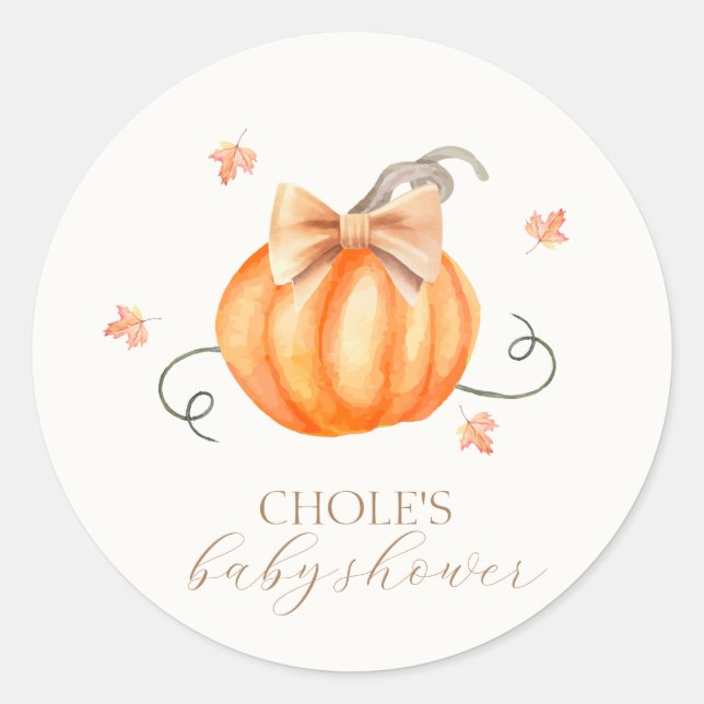 Sweet Little Pumpkin Bow Fall Baby Shower  Classic Round Sticker (Front)
