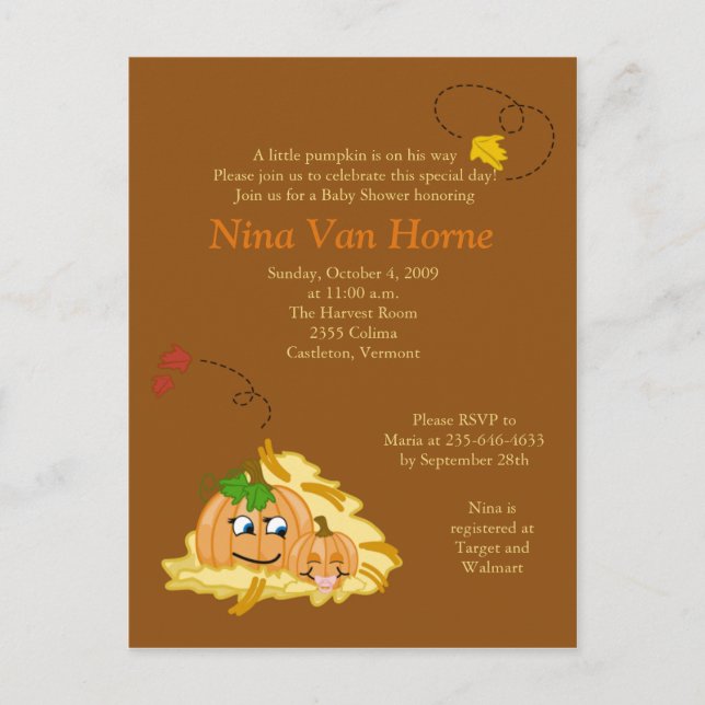 Sweet little Pumpkin Fall Baby Shower Invitation Postcard (Front)