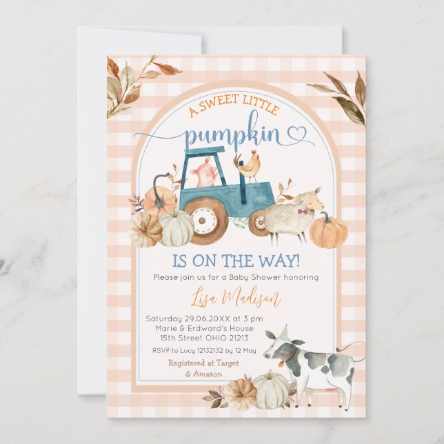 Sweet Little Pumpkin Fall Gingham Arch Baby Shower Invitation (Front)