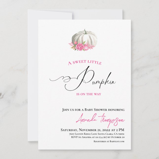 Sweet Little Pumpkin Gold Pink Baby Shower Invitation (Front)