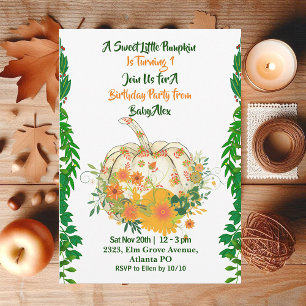 Sweet Little Pumpkin Greenery Fall Colours Birthda Invitation
