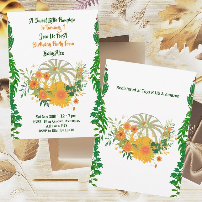 Sweet Little Pumpkin Greenery Fall Colours Birthda Invitation (Sweet Little Pumpkin Greenery Fall Colors Birthday Invitation)